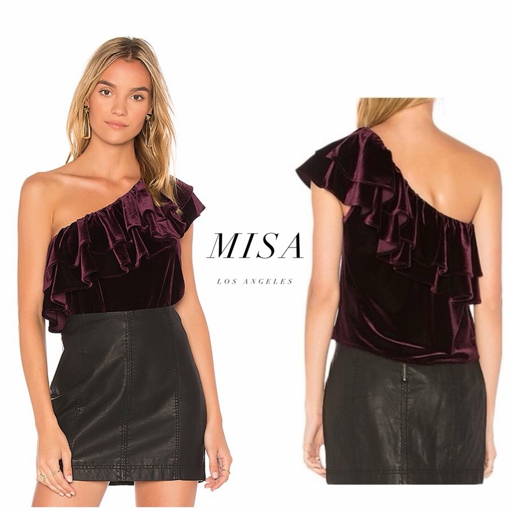 Like New - MISA Los Angeles Ruffle One-Shoulder Plum Velvet Top (L)